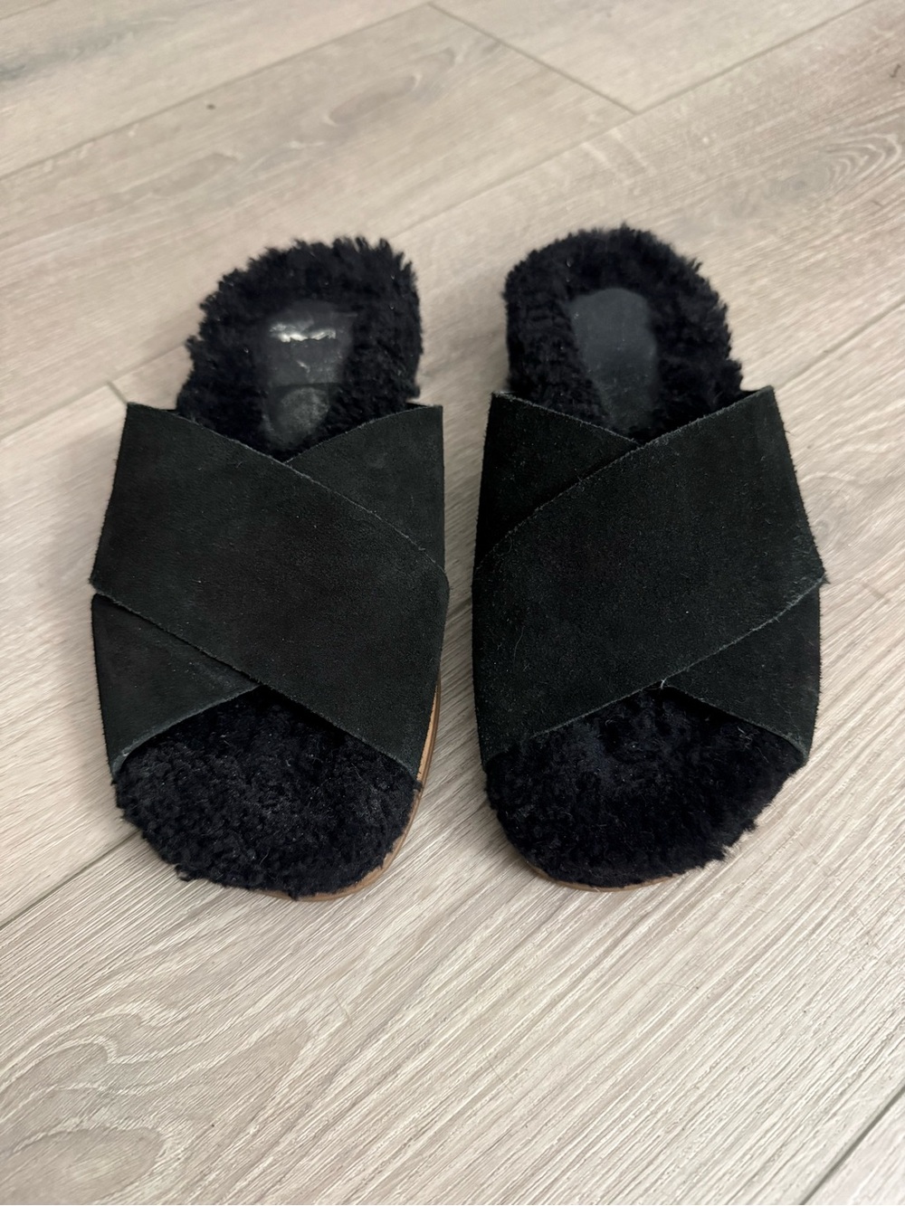Marc Fisher Plush Black Cross-Band Slide Mules